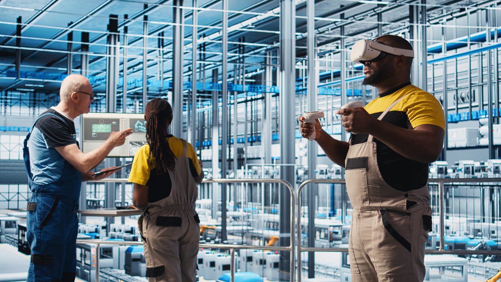 engineer using virtual reality tech in industry 4.0 solar panels plant